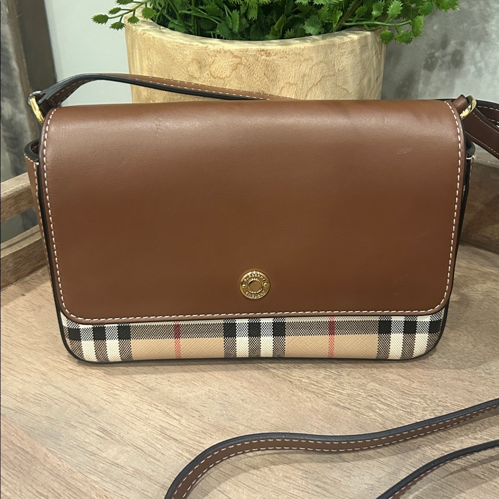 Burberry Brown Leather Crossbody with Signature Check Trim - Picture 2 of 8